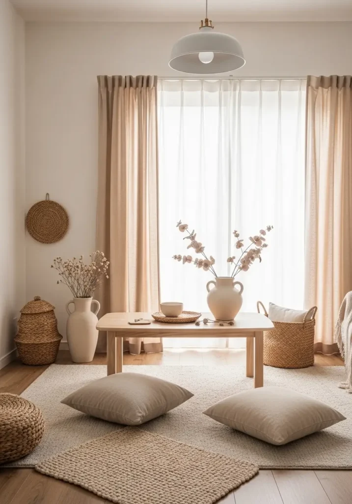  Minimal Japanese apartment interior with soft beige, cream, warm white, and pale grey tones, low furniture, natural light through sheer curtains, clean walls, tatami-inspired flooring, peaceful zen mood, cozy small apartment styling, airy and soft room feeling.