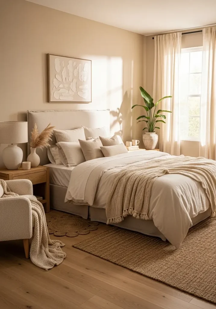 neutral bedroom with warm beige walls, layered cream bedding, woven textures, wooden furniture, ceramic decor accents, natural daylight streaming through sheer curtains, soft shadows, calming minimalist styling, cozy, feminine mood, realistic interior photography with a peaceful atmosphere.