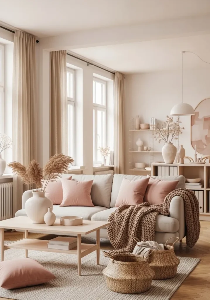 Airy loft apartment interior with creamy walls, oatmeal sofa, blush pillows, linen curtains, knit throws, matte ceramic vases, woven baskets, pale wood accents, soft daylight, feminine cozy styling, open layout, warm neutral palette, calm modern city home feeling.