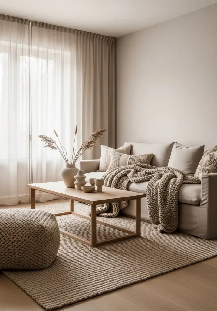 Pinterest-style minimalist living room with warm neutral palette, soft linen sofa, light wood coffee table, textured beige rug, sheer curtains allowing diffused sunlight, ceramic decor accents, cozy layered textiles, calm airy atmosphere, realistic natural lighting, Scandinavian-inspired styling, soft shadows, peaceful uncluttered interior photography, high detail textures and balanced composition.

