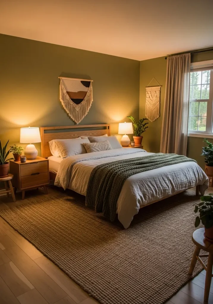 olive green bedroom with wooden furniture, linen bedding, warm lighting, natural textures, earthy decor accents, cozy, peaceful mood, realistic interior photography with soft evening glow.