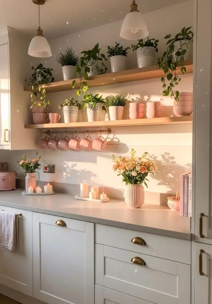 Cute girly apartment kitchen styled with pastel decor pieces, blush pink mugs hanging on hooks, light wooden shelves with small plants, white kitchen cabinets, warm sunlight entering through window, soft neutral countertop decor with candles and flowers, cozy feminine apartment kitchen aesthetic photographed in Pinterest interior style.