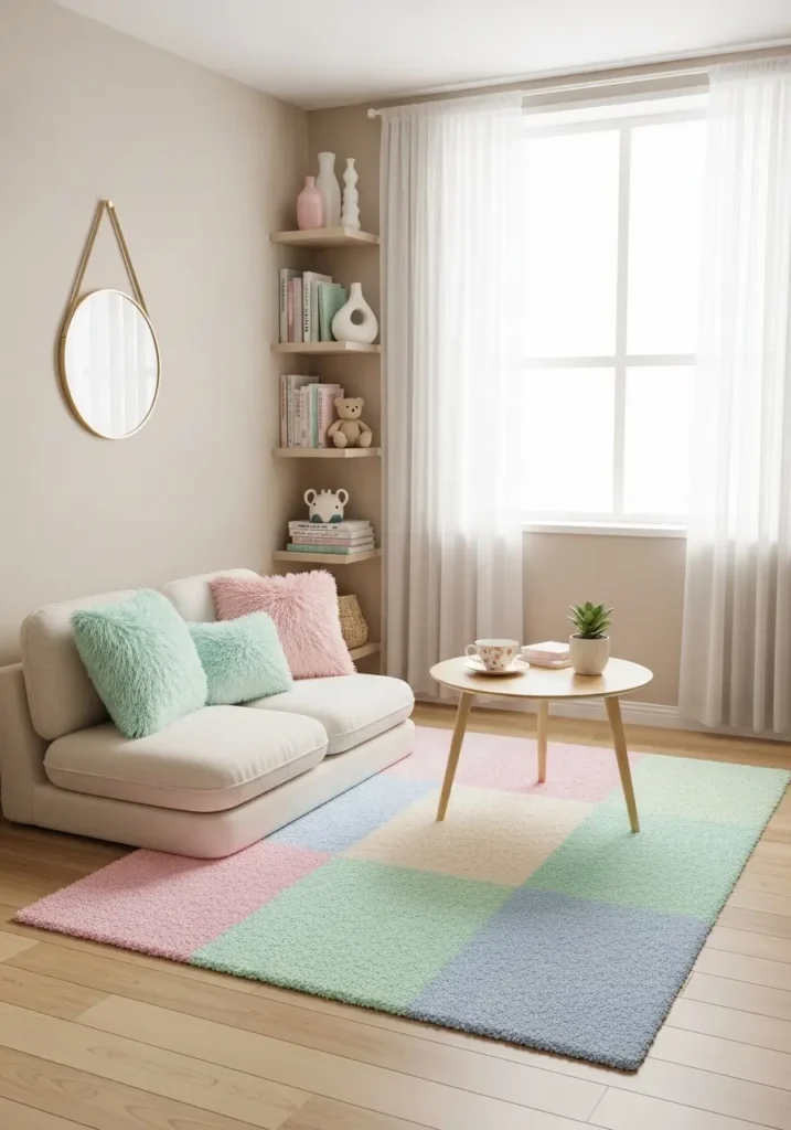 small kawaii living room with soft pastel rug, minimal furniture, clean layout, cozy atmosphere, feminine aesthetic, natural lighting, uncluttered space, gentle color tones