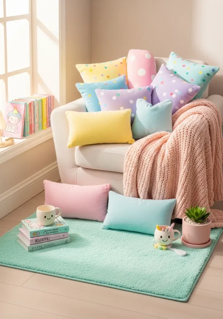 Small pastel mint green rug placed under a cozy chair in a reading nook, surrounded by plush cushions, a soft throw, and small pastel accessories. Gentle light illuminates the corner, creating a cheerful, cozy, and playful kawaii-inspired space.