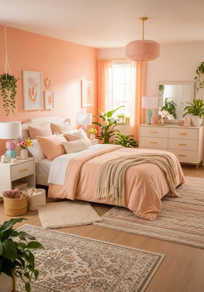 Bedroom with soft peach bedding and accent wall, cream furniture, layered textured rugs and throws, pastel lamps and vases, subtle gold accents, and indoor plants, creating a warm, cheerful, and stylish pastel retreat.