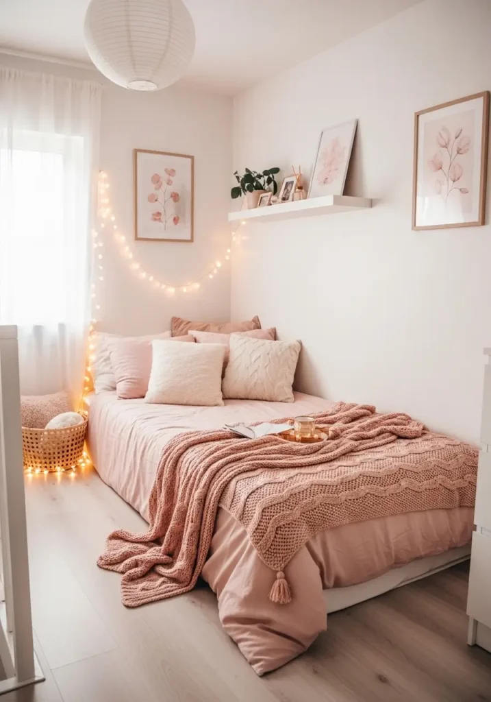 Soft girly loft apartment bedroom in a small loft space, blush pink bedding, layered knit throws, creamy pillows, low platform bed tucked into a cozy corner, warm fairy lights, small floating shelf, delicate wall art, soft morning light, feminine styling, intimate and dreamy mood, light wood floor, clean but lived in feel, pretty textures, compact layout with stylish small space charm.

