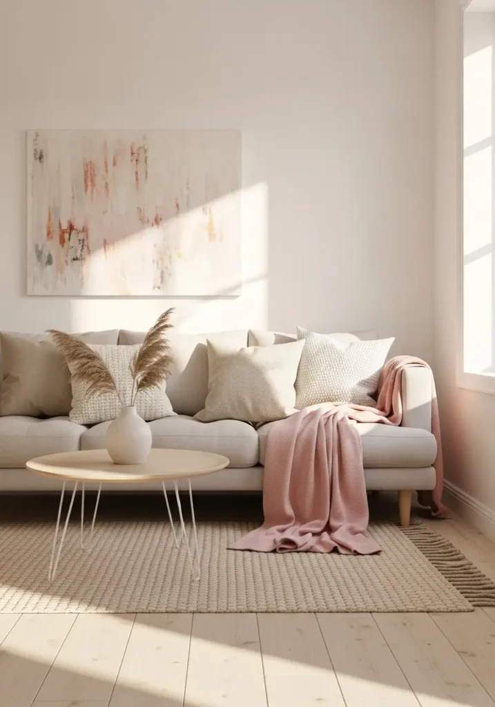 Minimal sofa with soft pink throw blanket, neutral cushions, clean living room setup, light tones, cozy feminine decor, simple styling, natural lighting, uncluttered space with warm and inviting atmosphere

