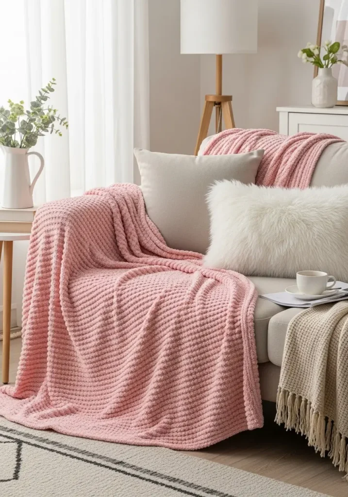 cozy living room with soft pink throw blanket draped over a cream fabric sofa, fluffy pillows in blush and ivory tones, warm golden evening light coming through sheer curtains, small wooden coffee table with candles and books, textured rug, neutral walls, soft feminine apartment decor, warm cozy atmosphere, realistic interior photography with natural lighting and soft shadows.