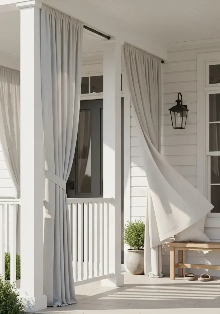  Country porch with light linen outdoor curtains tied back on posts, white railing, wooden bench, gentle breeze, minimal styling, soft sunlight, airy farmhouse mood, clean organized entrance, realistic cozy exterior photo.
