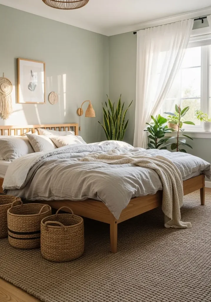 Pinterest-style realistic bedroom featuring soft sage green walls, light oak bed frame, layered linen bedding in cream tones, woven baskets, sheer curtains filtering warm morning sunlight, indoor plants near window, neutral textured rug, cozy minimalist styling, natural lighting, calming and airy atmosphere, soft shadows, lifestyle interior photography aesthetic, great detail, warm peaceful mood.