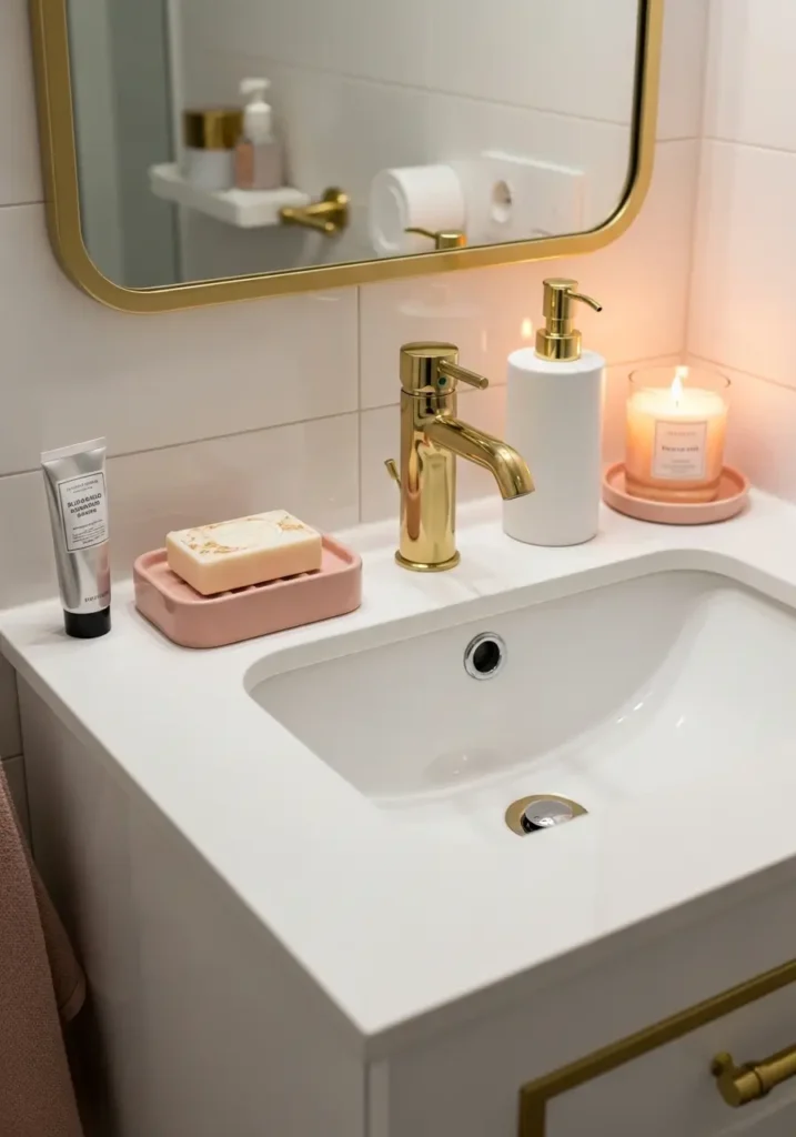  Small apartment bathroom sink styled with pretty soap dispenser, blush soap dish, soft scented candle, hand cream, gold accents, feminine clean decor, realistic compact layout, cozy chic mood, polished vanity corner, photo realistic girly bathroom interior with sweet luxurious daily essentials and gentle soft lighting
