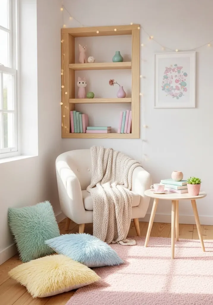 kawaii living room corner with soft decor, pastel accents, minimal setup, cozy reading nook, clean layout, feminine aesthetic, natural light