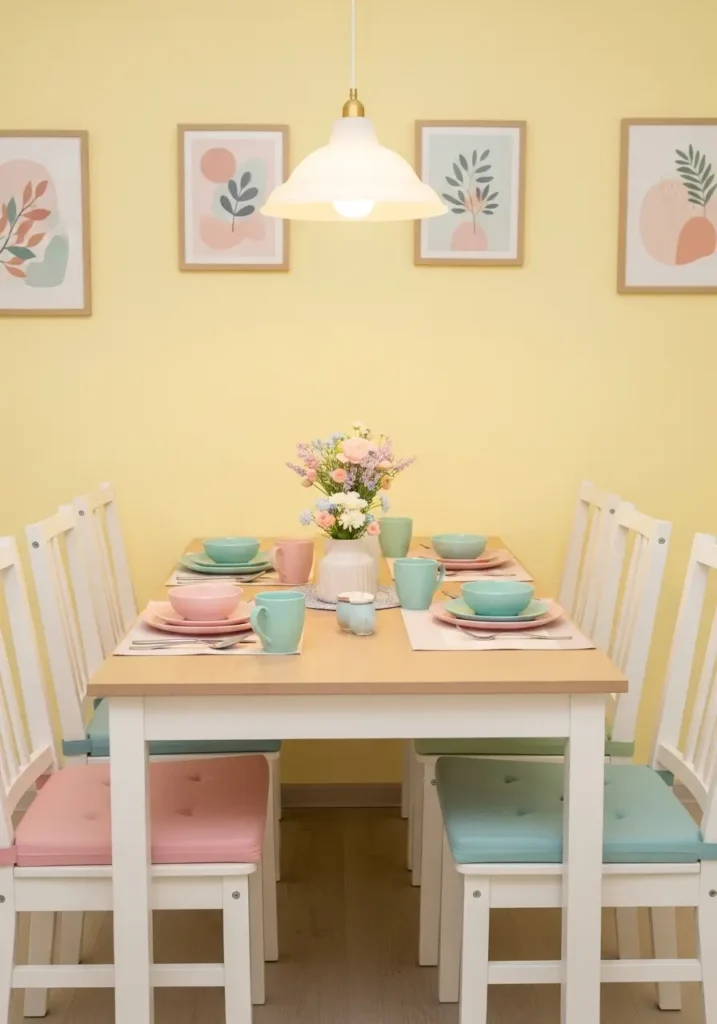 Dining area with soft yellow walls, light wooden table, white chairs with pastel cushions, pastel tableware and centerpieces, soft hanging light fixture, and pastel-themed artwork on walls, making the room cozy and inviting.