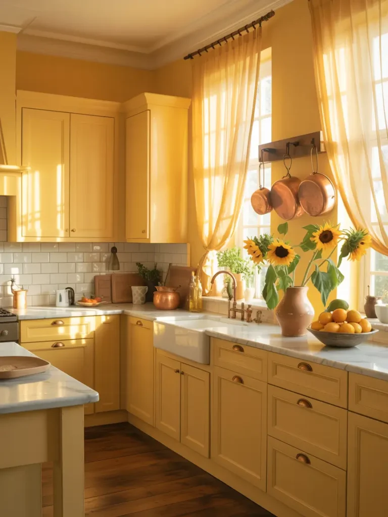 Kitchen with soft yellow walls or cabinets, white countertops, light wooden furniture, pastel tableware and mats, soft hanging lights, and potted plants, creating a bright, cheerful, and inviting pastel-themed kitchen.