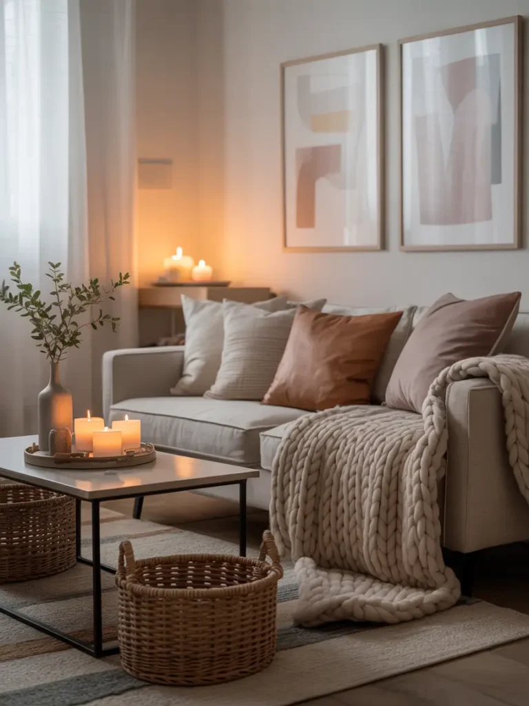 Cozy renter friendly apartment styled with soft decor swaps, textured throw pillows, knit blanket, woven basket, candle, soft neutral bedding, realistic feminine small space interior, warm layered lighting, inviting and personal room mood, elegant but simple decor, polished compact apartment styling, calming beige and blush palette, charming details making rental feel cozy, lived in, and beautifully your own