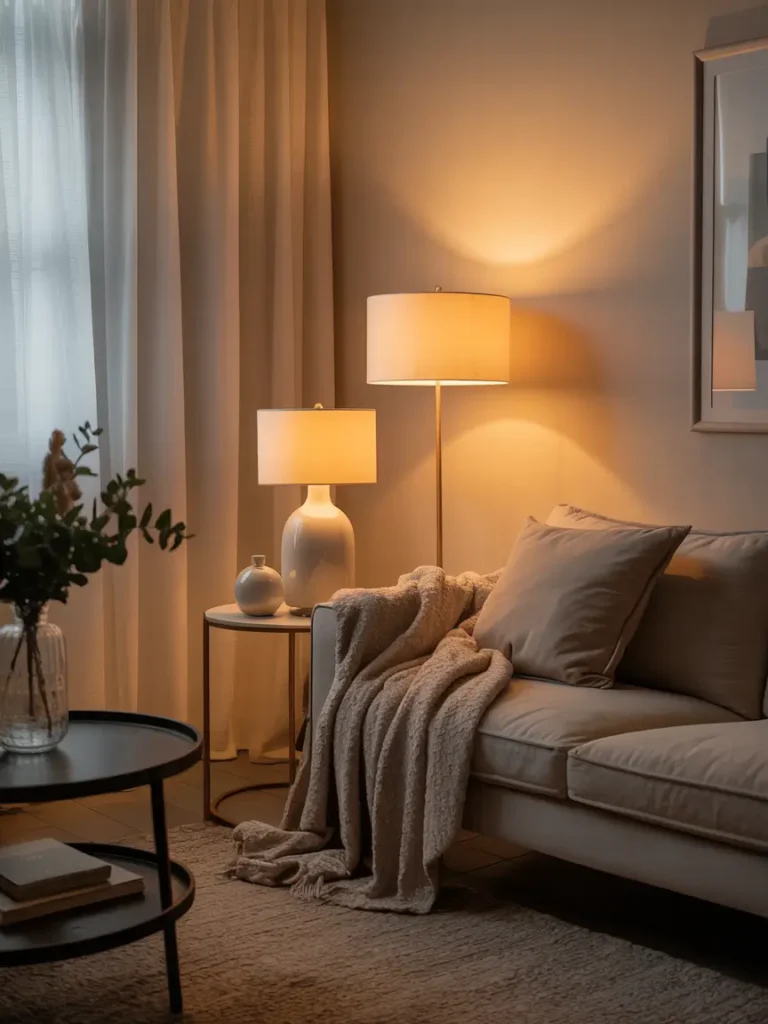 Small apartment living room with layered renter friendly lighting, elegant table lamp on side table, slim floor lamp beside cozy chair, warm evening glow, soft neutral sofa, textured throw blanket, realistic feminine apartment decor, calm and intimate mood, polished small space styling, creamy beige palette, inviting rental interior with soft shadows, cozy and modern layout, warm light creating a peaceful and charming home atmosphere