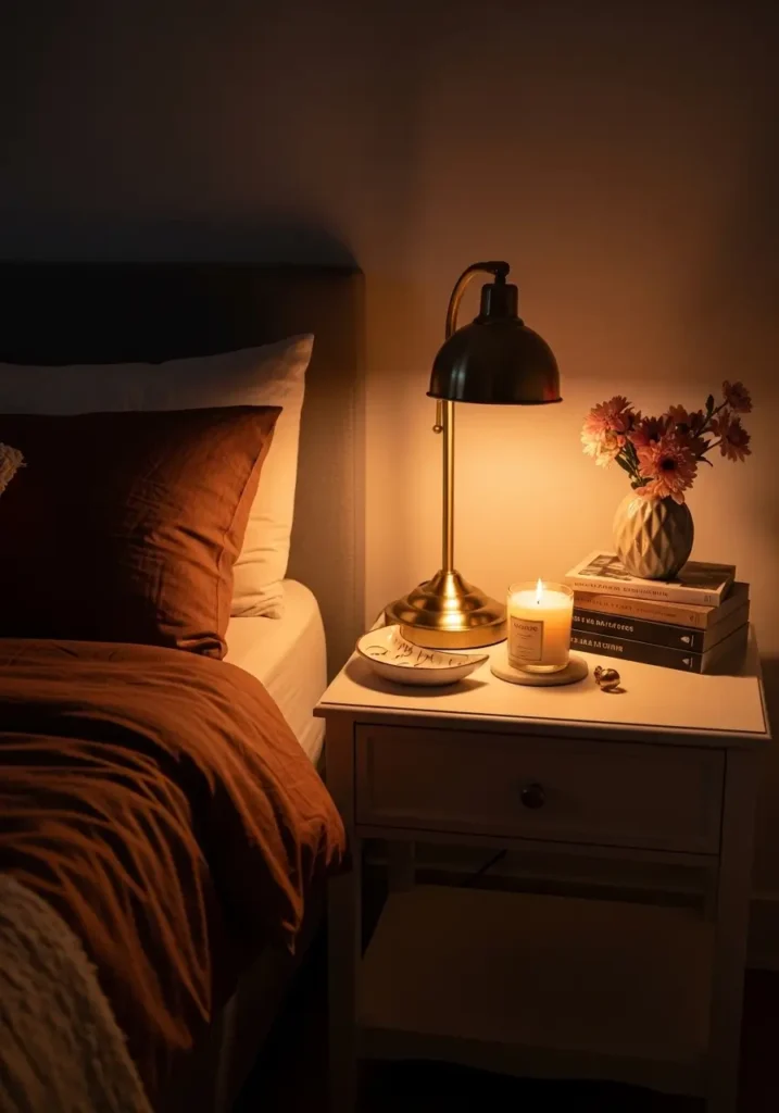 Modern renter bedroom bedside table with brass lamp, moon dish, candle, stacked books, linen bedding, soft shadows, clean apartment styling, feminine whimsigoth decor, tidy minimal layout, rich cozy tones, elegant textures, warm magical nighttime atmosphere.