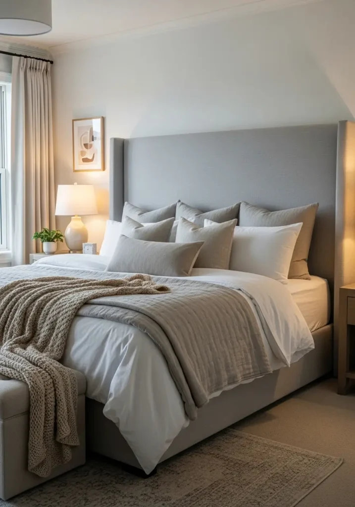 bedroom featuring a large upholstered headboard in soft fabric, neutral layered bedding, warm bedside lamps, minimal wall decor, cozy textures, soft evening lighting, an elegant, calming atmosphere, realistic interior photography style, and a balanced composition with an inviting bedroom mood.