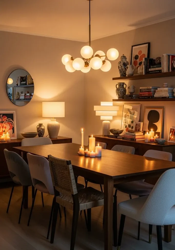 Modern eclectic apartment dining room with statement pendant lighting and warm layered glow, soft ambient lamps, candles, stylish dining table, mixed textures, cozy feminine decor, modern and vintage blend, inviting apartment home atmosphere, elegant lighting focus, realistic editorial interior, soft shadows, charming collected styling, warm neutral palette, textured walls, personal decor details, beautiful home mood with depth and softness

