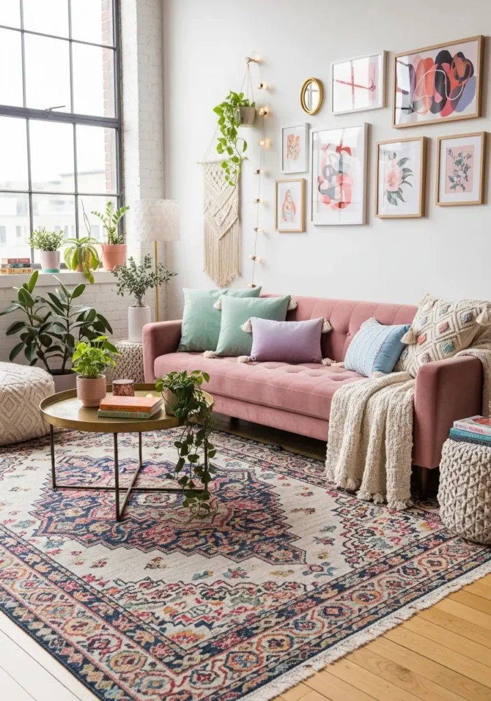 Feminine loft living room with a bold patterned rug, soft velvet sofa, pastel throw pillows, large windows with soft light, light wooden flooring, cozy and inviting, bohemian vibes, vibrant decor with a chic and playful twist.