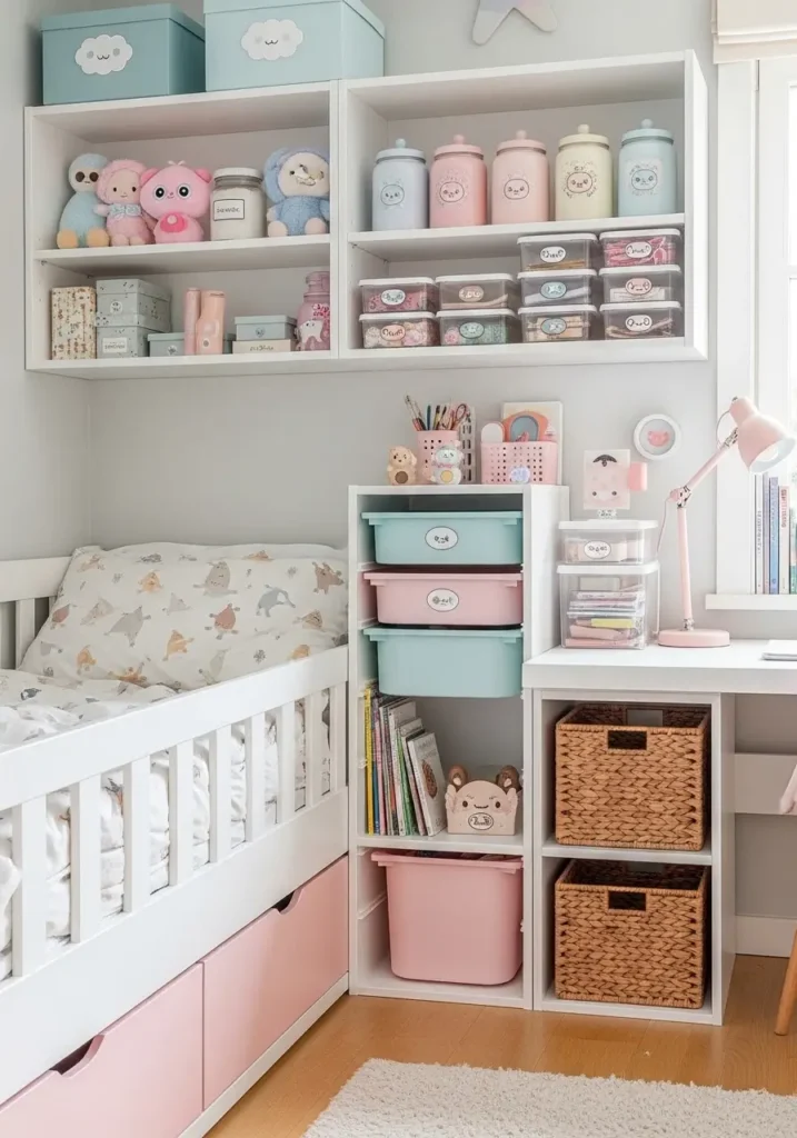 Cozy pastel bedroom with organized shelves, pastel bins and baskets, toys and books neatly arranged, drawers under bed, floating shelves above desk holding cute figurines and plushies, maintaining a stylish and playful kawaii vibe.