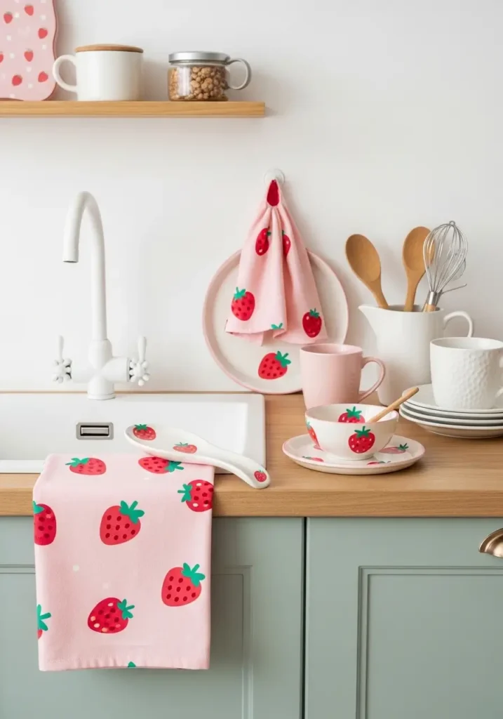 Clean pastel kawaii kitchen counter with small strawberry themed decor, pink dish towel, cream ceramic bowl, soft white cabinets, minimal styling, gentle daylight, cute fruit accents, tidy and airy layout, sweet feminine kitchen mood with cozy pastel makeover style.