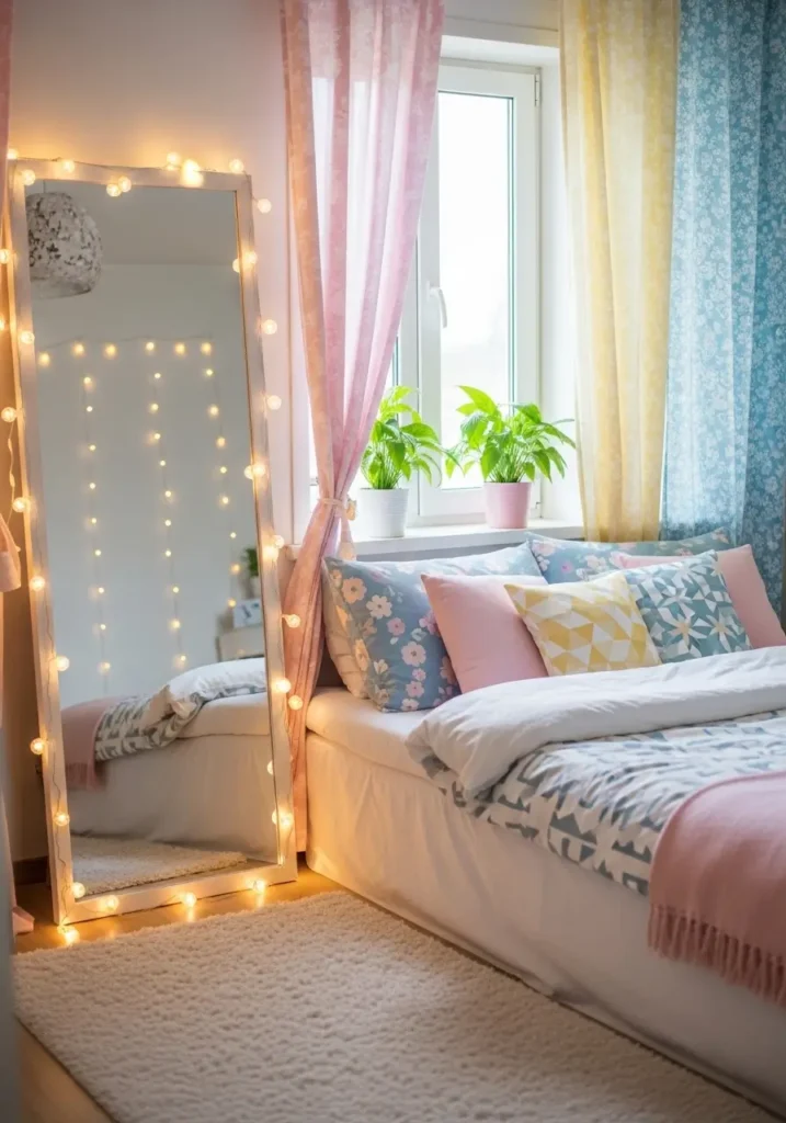 Bedroom with a large mirror framed by soft string lights, pastel bedding and curtains, small plants on windowsill, gentle warm glow reflecting off walls, cozy cute girly aesthetic, realistic 2D illustration, inviting and magical atmosphere.