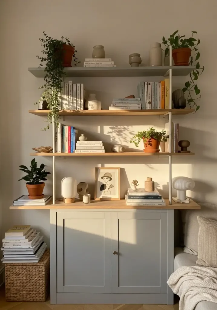 Open shelves in a small apartment styled with books, plants, ceramics, and decor pieces in a balanced modern eclectic arrangement, warm neutral tones with pops of color, cozy and personal vibe, natural lighting, detailed textures, and soft shadows

