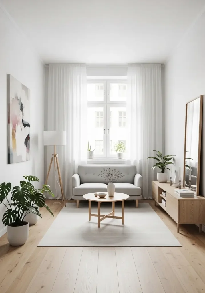 A small modern eclectic apartment styled with breathing room, curated decor, soft neutral furniture, bold accents, open surfaces, balanced layout, warm natural light, cozy feminine feeling, realistic interior with airy mood and thoughtful minimal layering

