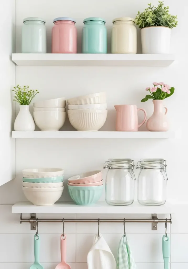 Clean minimal kawaii kitchen shelf with pastel jars, cute bowls, tiny plant, cream ceramics, blush accents, soft natural light, tidy wall space, feminine cozy styling, sweet pastel decor with airy calm mood and simple pretty kitchen makeover.