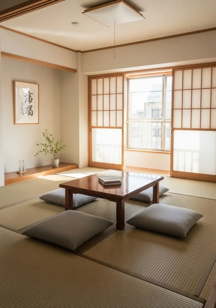 Japanese apartment interior with tatami style flooring, woven straw mats, low wooden table, floor cushions, soft neutral tones, warm natural light, minimal decor, calm zen inspired space, cozy reading corner, airy and peaceful apartment feeling.