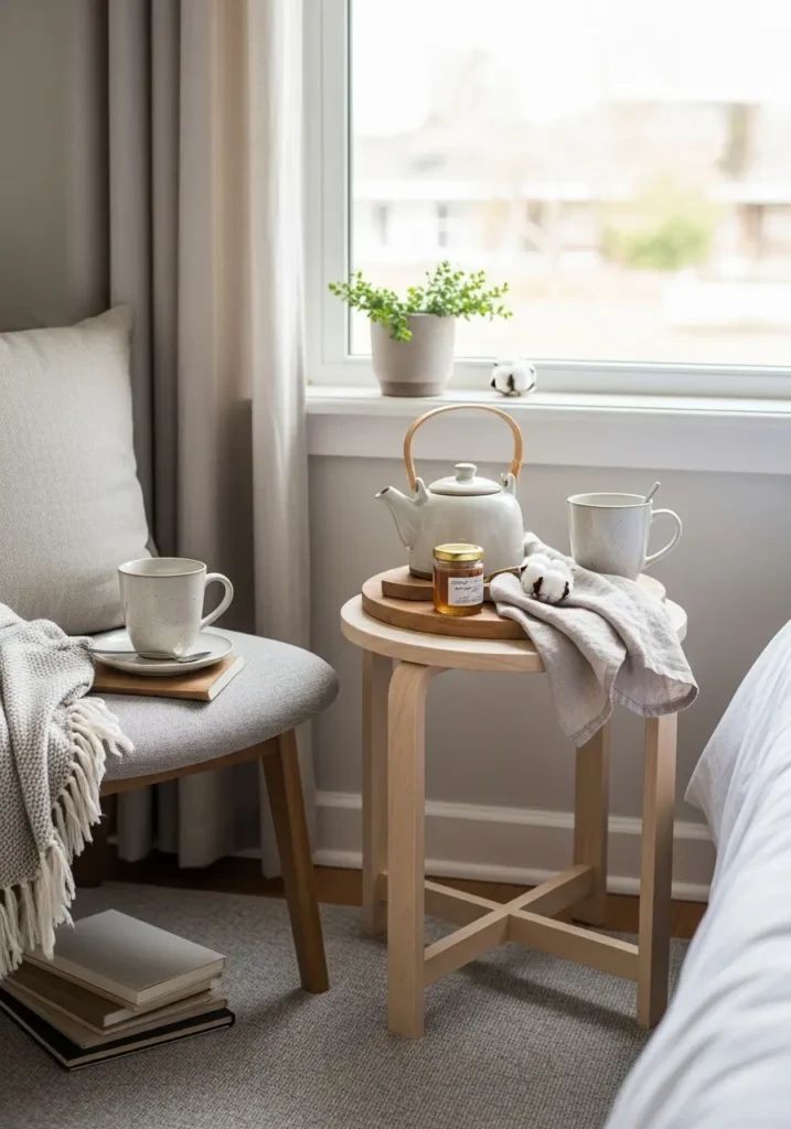 Clean cottagecore sitting nook with tiny round wooden table, ceramic teapot, floral cup, folded linen napkin, cane chair, soft cream wall, sunlight from side window, pale woven rug, tidy styling, feminine calm mood, natural textures, realistic details, peaceful minimal room with warm shadows.