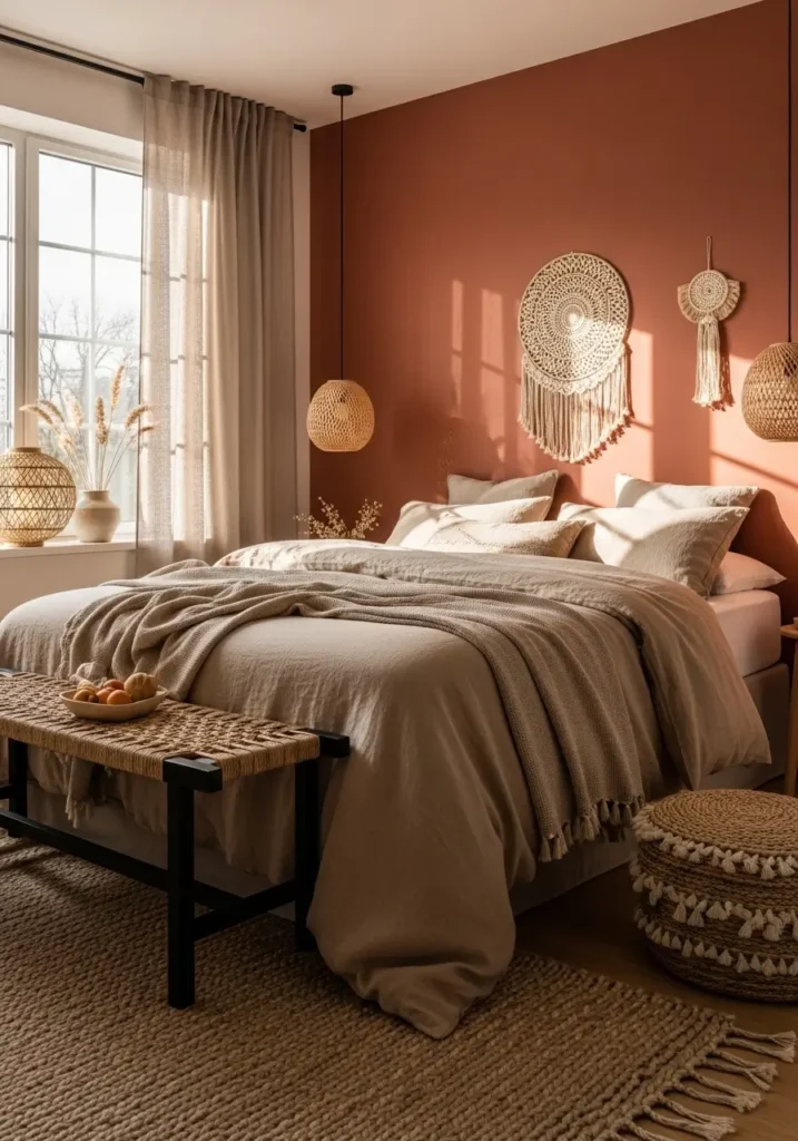 bedroom with a terracotta accent wall, sand-colored bedding, woven decor elements, a wooden bench at the foot of the bed, warm sunlight entering through the window, a textured rug, and linen curtains, realistic interior photography capturing an earthy, cozy atmosphere.