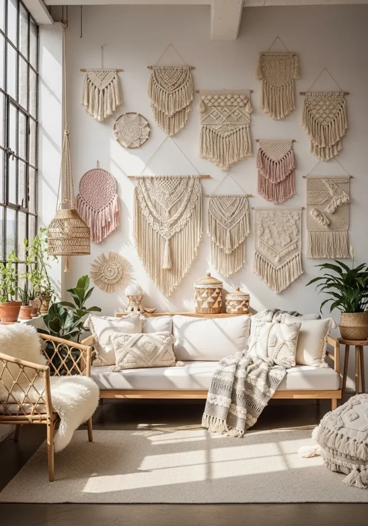 Loft apartment with textured wall hangings, woven wall art, fringe, tapestry, fabric decor, soft tones, natural materials, feminine ambiance, calm and cozy space, modern industrial loft with layers of texture on walls.