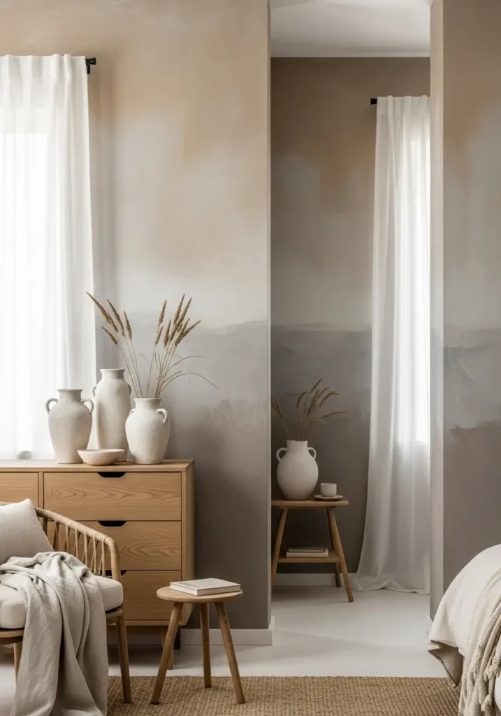 Minimalist bedroom with warm beige limewash textured wall, wooden nightstand, ceramic decor pieces, linen bedding layers, sunlight creating delicate texture shadows, airy, calm atmosphere, Scandinavian-inspired styling, Pinterest-style interior photography emphasizing natural warmth and comfort.

