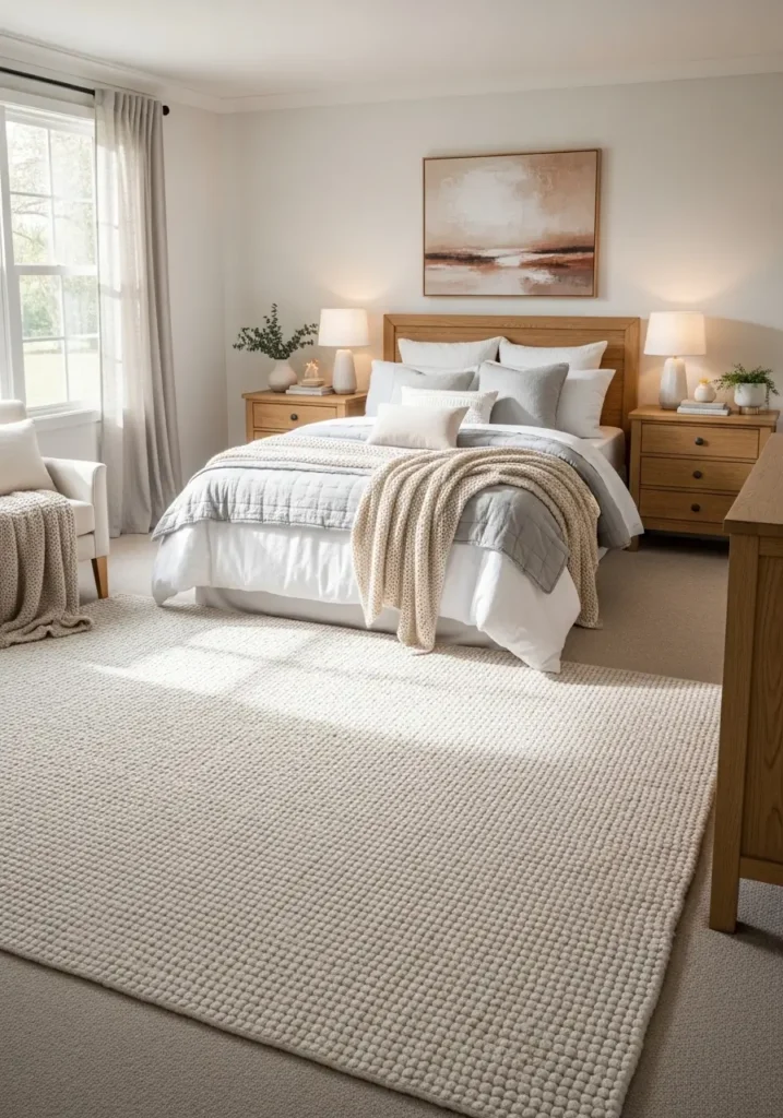 bedroom featuring a large textured rug beneath the bed, layered neutral bedding, warm natural light entering the room, wooden furniture, cozy styling details, realistic interior photography with soft shadows, a calm, welcoming atmosphere, and a feminine, cozy aesthetic with tactile textures highlighted.