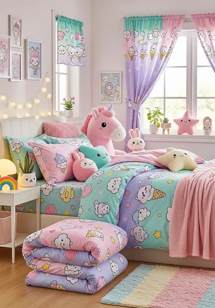 Kawaii bedroom with pastel-themed bedding featuring hearts and cute characters, layered blankets and pillows, matching curtains, small plush toys on the bed, and decorative accents for a playful girly vibe.