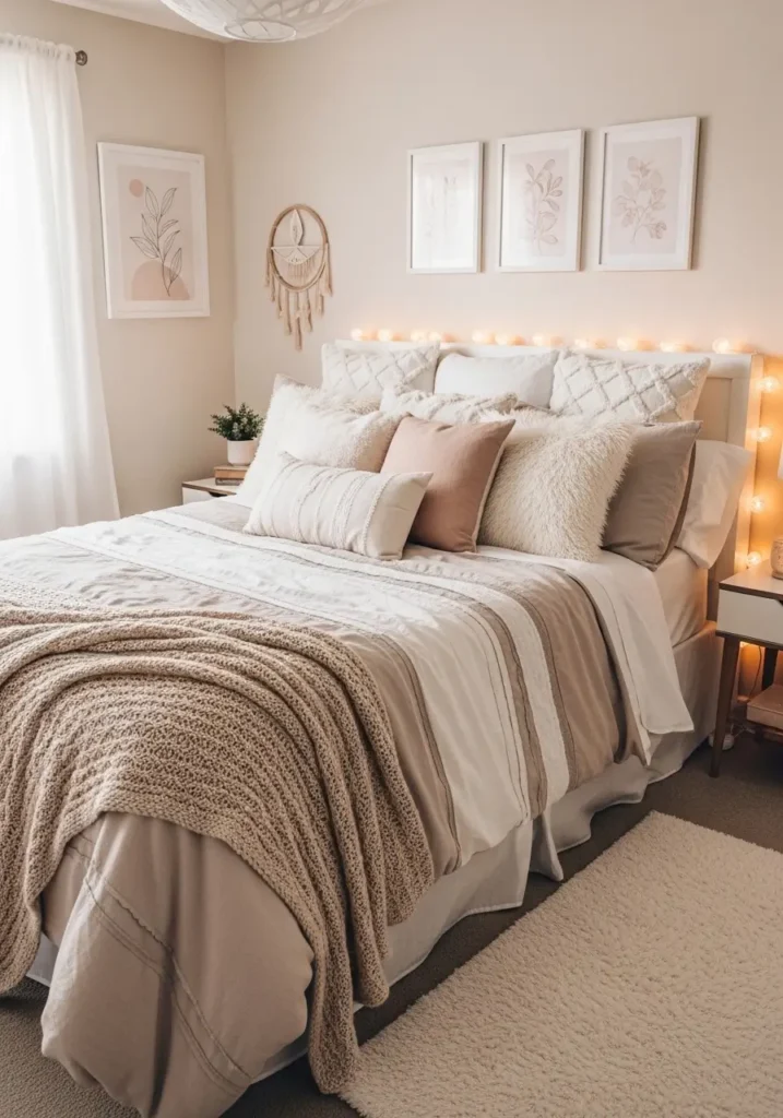 cozy aesthetic college apartment bed with cream and blush throw pillows, layered neutral bedding, warm fairy lights, soft rug, delicate wall art, feminine calm styling, realistic bedroom interior, gentle textures, and romantic mood, pretty student bedroom decor