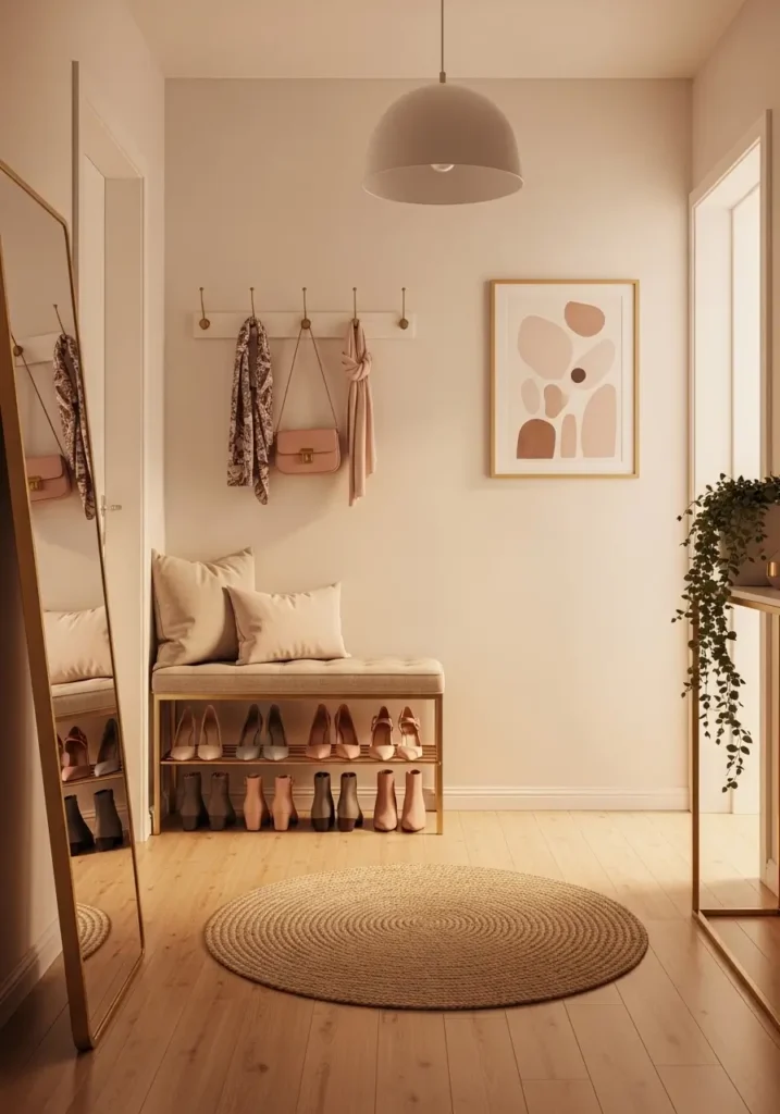 Minimal entryway with small bench, neatly placed shoes, neutral tones, simple wall hooks, clean floor, soft lighting, cozy feminine decor, uncluttered and welcoming space with a calm and organized feel

