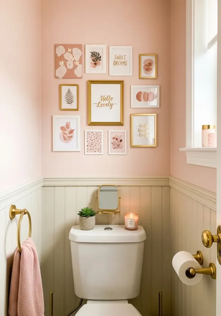 Small feminine bathroom wall with tiny art prints and sweet quote frames, blush and cream palette, gold hardware, chic apartment decor, realistic compact bathroom, cozy stylish mood, curated gallery wall above toilet, soft natural light, photo realistic interior with personal girly details and charming small space feel