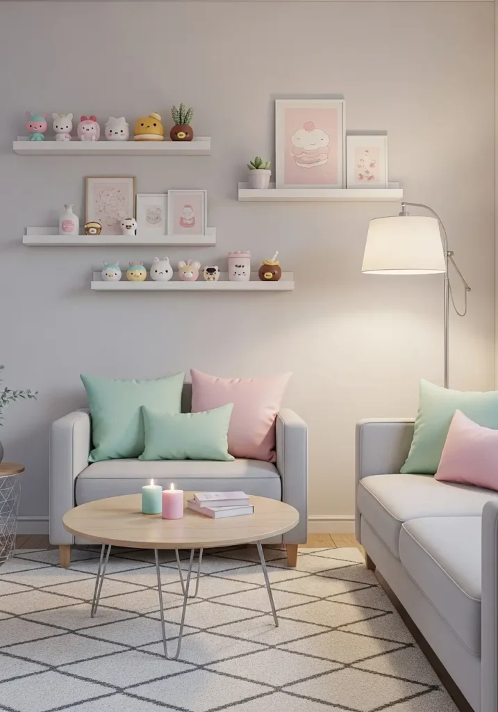 small living room with floating shelves, minimal kawaii decor items, pastel accents, clean wall design, uncluttered arrangement, soft lighting, feminine aesthetic, modern minimal styling