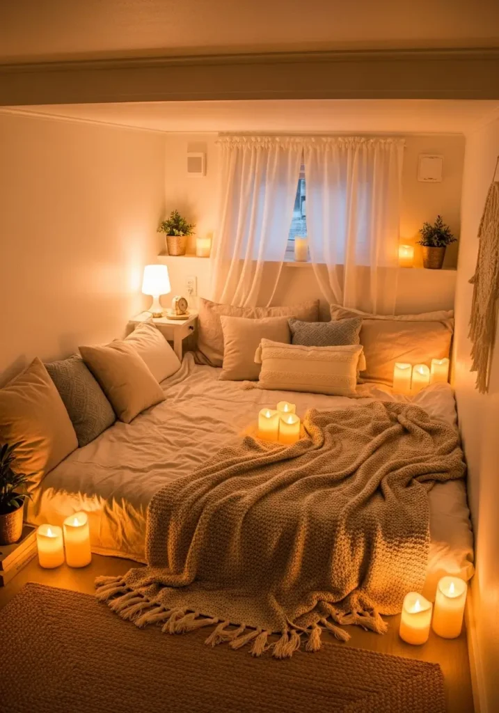 Tiny loft apartment bedroom with low floor bed, soft neutral bedding, romantic candle style lighting, textured blankets, petite bedside table, warm cream walls, dreamy feminine styling, low ceiling loft nook, sheer curtains, cozy intimate mood, simple decor, relaxed boho touches, small apartment charm, inviting and restful atmosphere with pretty layered fabrics and soft glow

