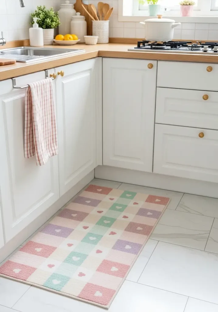 Minimal kawaii kitchen with tiny pastel rug near sink, blush pink and cream tones, white cabinets, clean counter, soft daylight, tidy open floor, feminine cozy styling, sweet pastel makeover with calm cute kitchen feeling and simple home warmth.