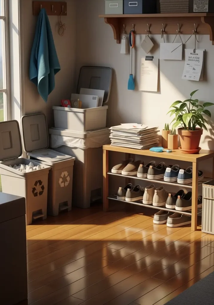Neat apartment corner with emptied trash bins, clean recycling containers, polished floor, organized miscellaneous items like mail and shoes, sunlight highlighting tidy space, clutter-free and cozy atmosphere, warm and inviting apartment interior with practical cleaning routine.