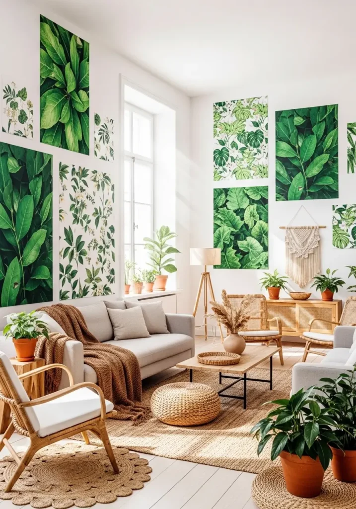 Bright living room with tropical botanical wallpaper, rattan chair, neutral sofa, indoor plants placed near window, sunlight illuminating textures, jute rug beneath seating area, relaxed, feminine decor styling, Pinterest-style interior photography with warm, natural ambiance.


