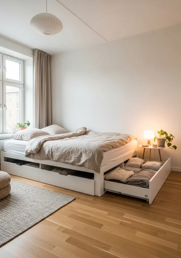 Soft modern tiny apartment bedroom with low platform bed, hidden rolling storage drawers underneath, beige bedding, warm white walls, small bedside lamp, light oak floor, folded sweaters neatly stored, clean minimal decor, cozy feminine styling, airy natural light, calm and uncluttered room feeling, realistic interior design photography.
