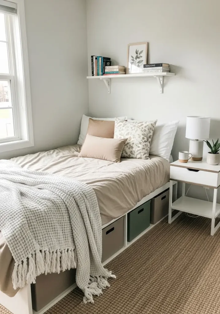 College apartment bedroom with under bed storage boxes, minimal design, neutral tones, clean organization, hidden storage, cozy feminine aesthetic, uncluttered space, simple decor, tidy and calm environment
