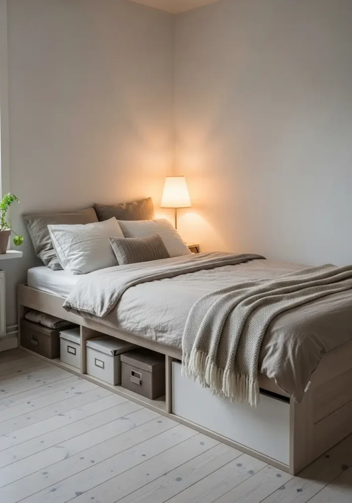 Minimal bedroom with under bed storage boxes, clean setup, neutral bedding, soft lighting, organized small apartment, cozy feminine aesthetic, modern minimal living, clutter free space

