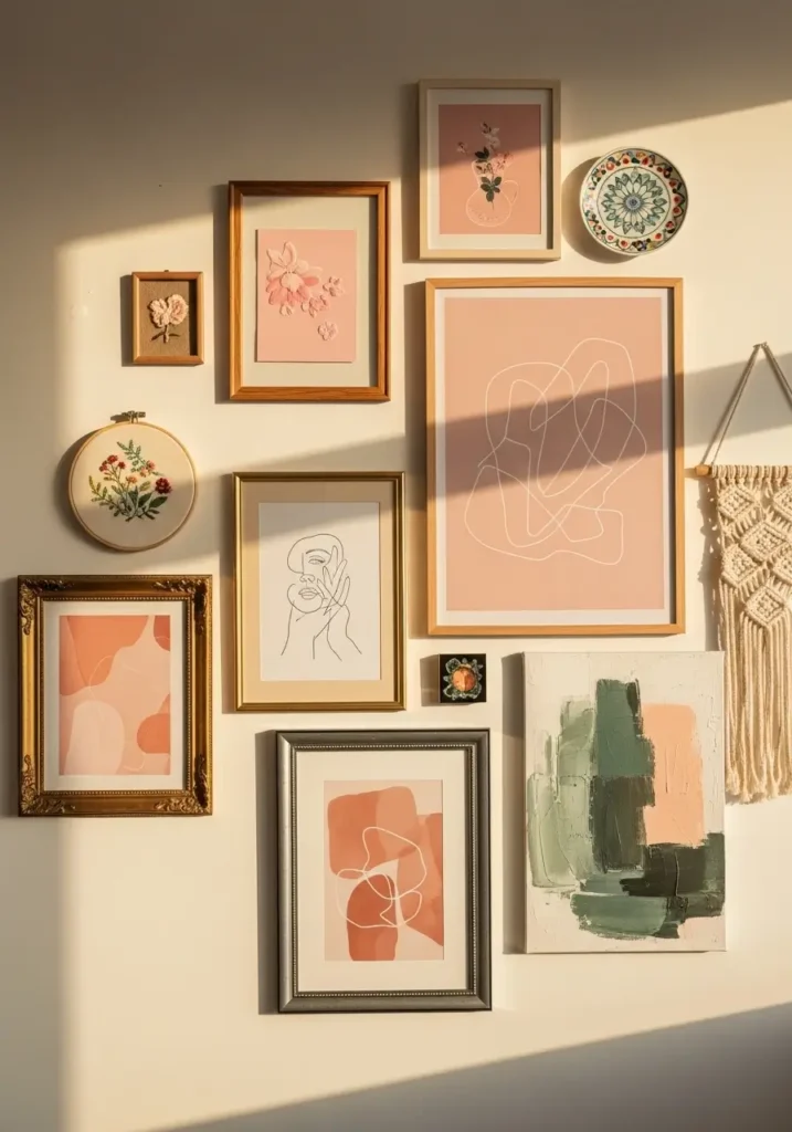 A stylish small apartment wall with layered personal artwork, abstract prints, vintage frames, soft colors, modern eclectic decor, cozy and feminine apartment mood, warm natural light, curated gallery wall, intimate and creative interior styling