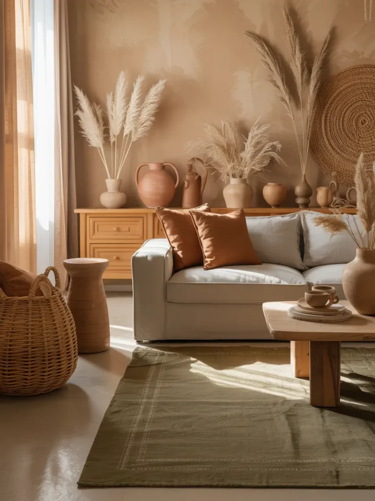 Japandi living room styled with earth tone palette including clay walls, beige linen sofa, wooden coffee table, woven rug, ceramic decor accents, soft natural daylight through sheer curtains, warm neutral styling, Pinterest-style interior photography capturing calm grounded atmosphere.

